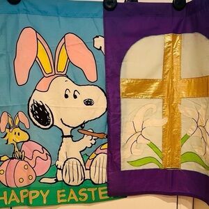 Vintage Easter Flags Lot of 2 Snoopy & Woodstock Bunny Ears Resurrection Cross